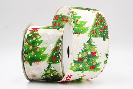 Nastro con filo color crema glitterato con alberi di Natale_KW0442GC-2-2